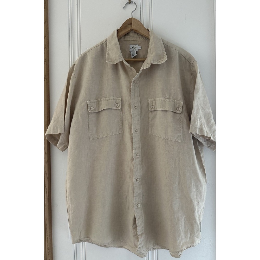 Calvin Klein Jeans 100% Linen Flax Button Front Shirt Tan Beige Short Sleeve L‎